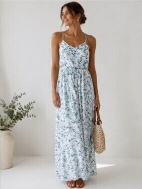 NWOT Joie Light Blue Floral Spaghetti-Strap Maxi Dress With Pockets